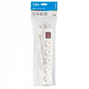 Extension cord 1,5m 5 sockets+switch white 1,5mm