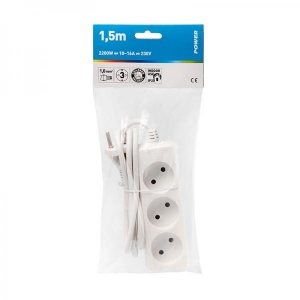 Extension cord 1,5m 3 sockets, white 1,0mm, earthed