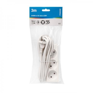 Extension cord 3,0m 3 sockets, white 1,0mm, earthed